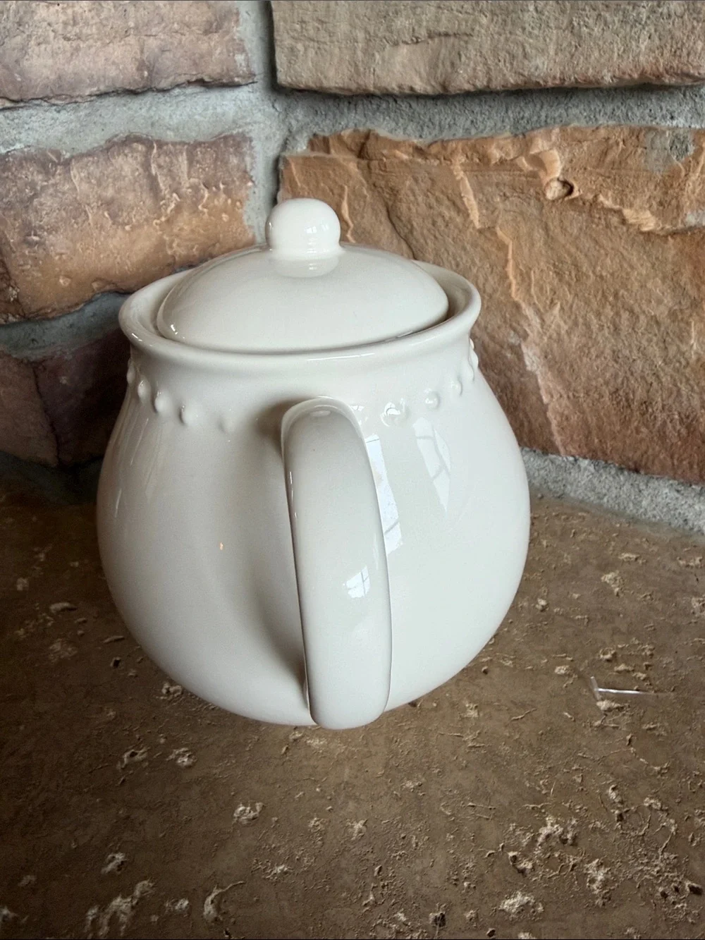 Pottery Barn Cream Earthenware Teapot with Beaded Rim Made in Portugal